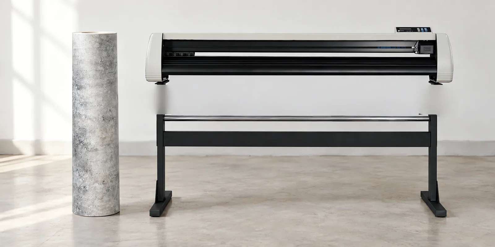Rollo de vinilo cemento alisado, parado junto al plóter de corte