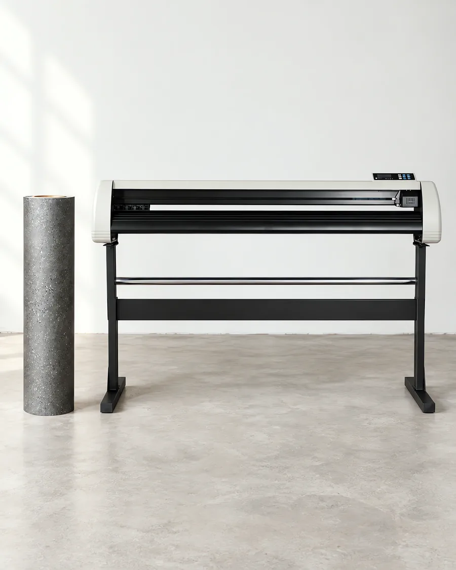 Rollo de vinilo cemento granulado, parado junto al plóter de corte