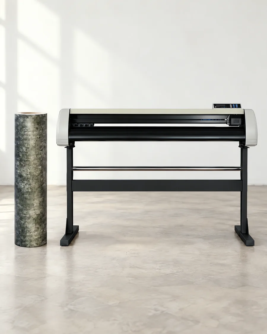 Rollo de vinilo cemento oscuro, parado junto al plóter de corte