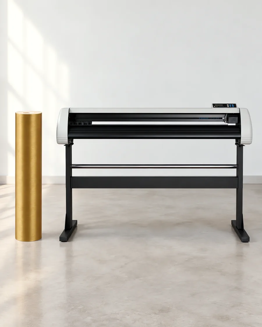 Rollo de vinilo escobado dark gold, parado junto al plóter de corte