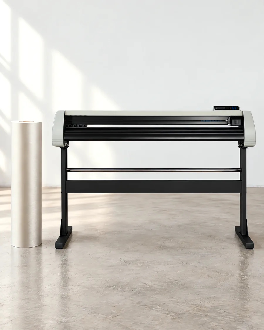 Rollo de vinilo escobado silver, parado junto al plóter de corte
