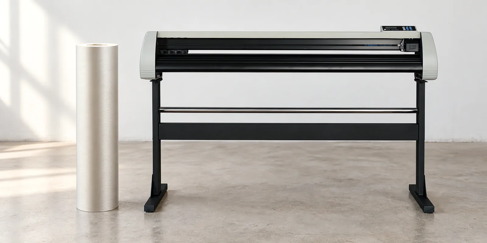 Rollo de vinilo escobado silver, parado junto al plóter de corte