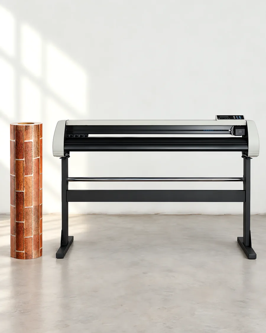 Rollo de vinilo ladrillo texturado, parado junto al plóter de corte
