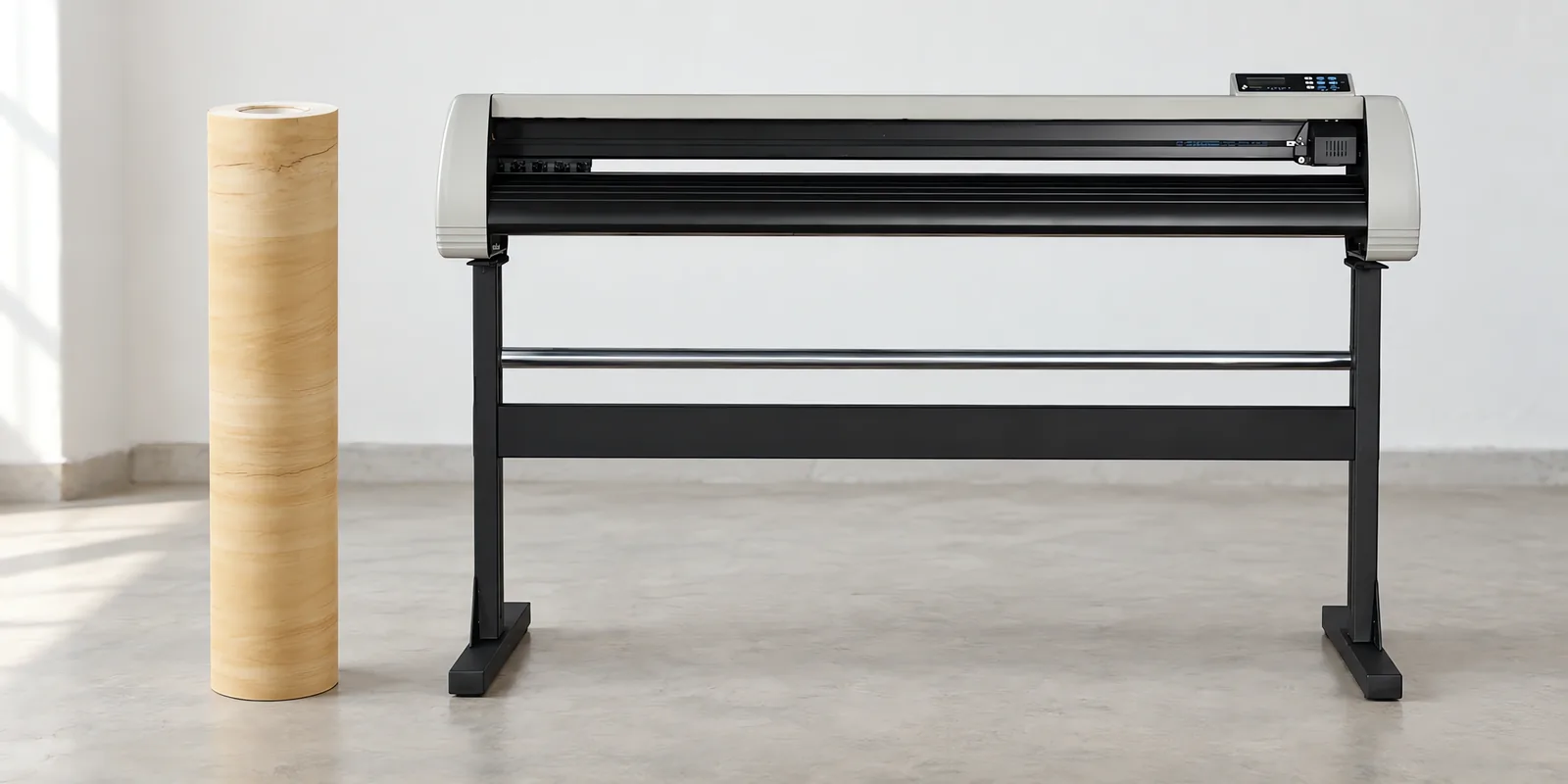 Rollo de vinilo madera abeto, parado junto al plóter de corte