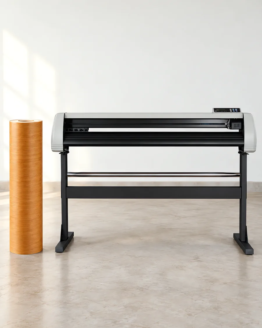 Rollo de vinilo madera cerezo, parado junto al plóter de corte