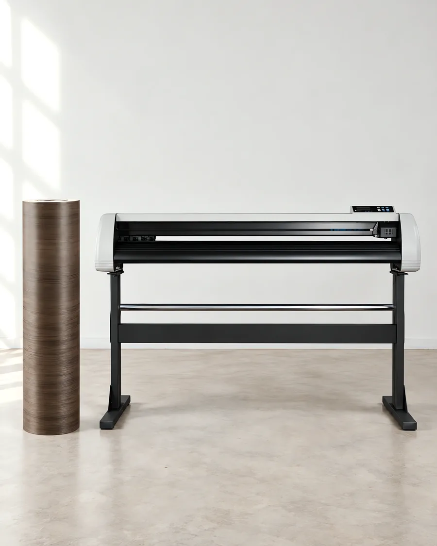 Rollo de vinilo madera ebano, parado junto al plóter de corte