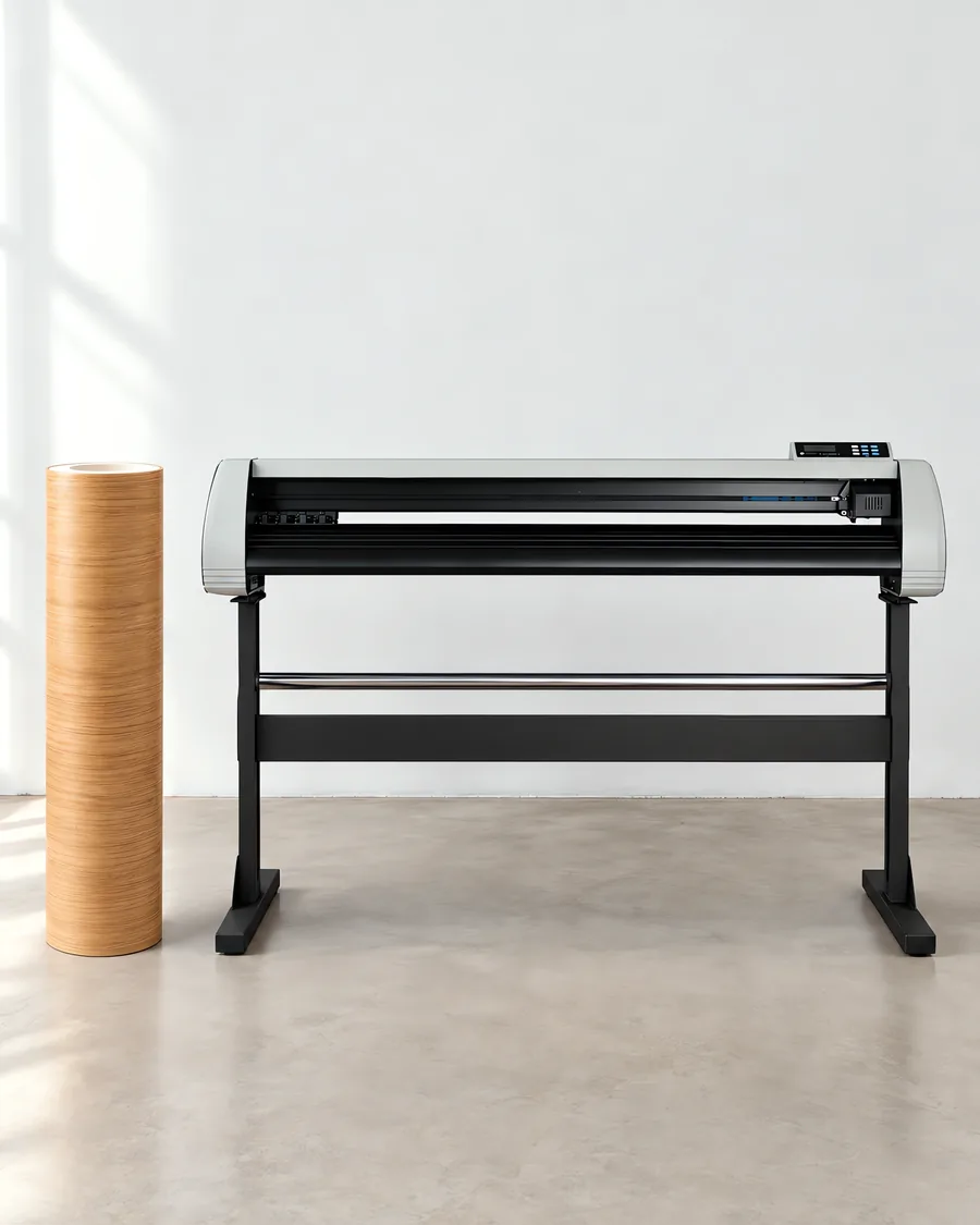 Rollo de vinilo madera haya, parado junto al plóter de corte