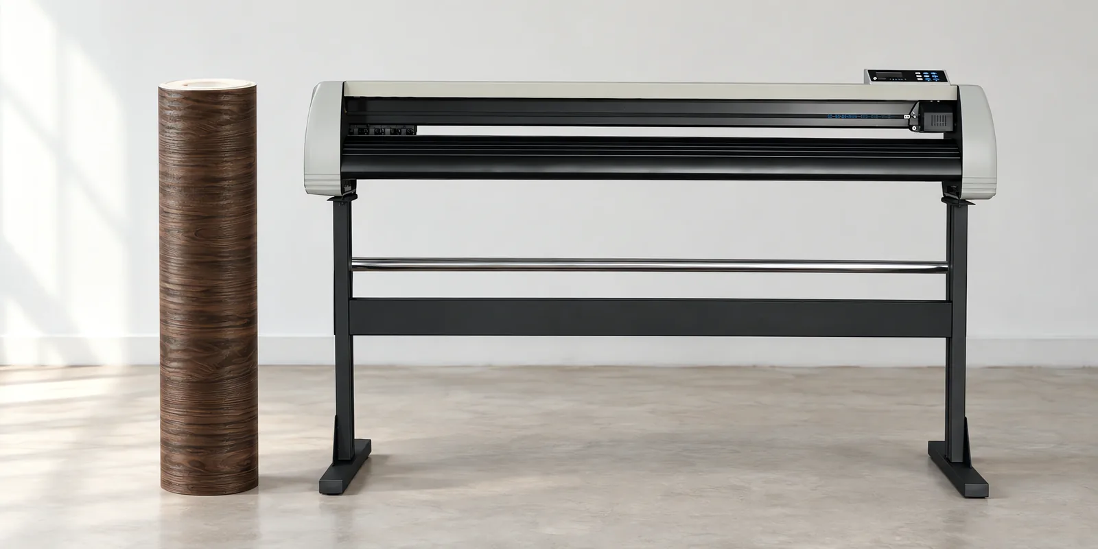 Rollo de vinilo madera roble, parado junto al plóter de corte