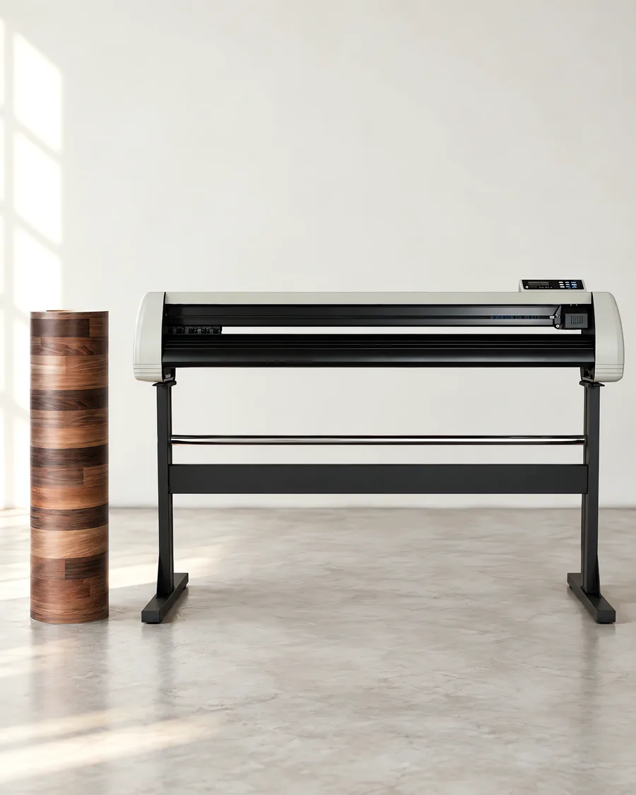 Rollo de vinilo maderas tabla de nogal, parado junto al plóter de corte
