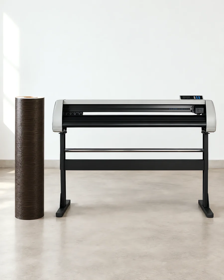 Rollo de vinilo madera wengue, parado junto al plóter de corte