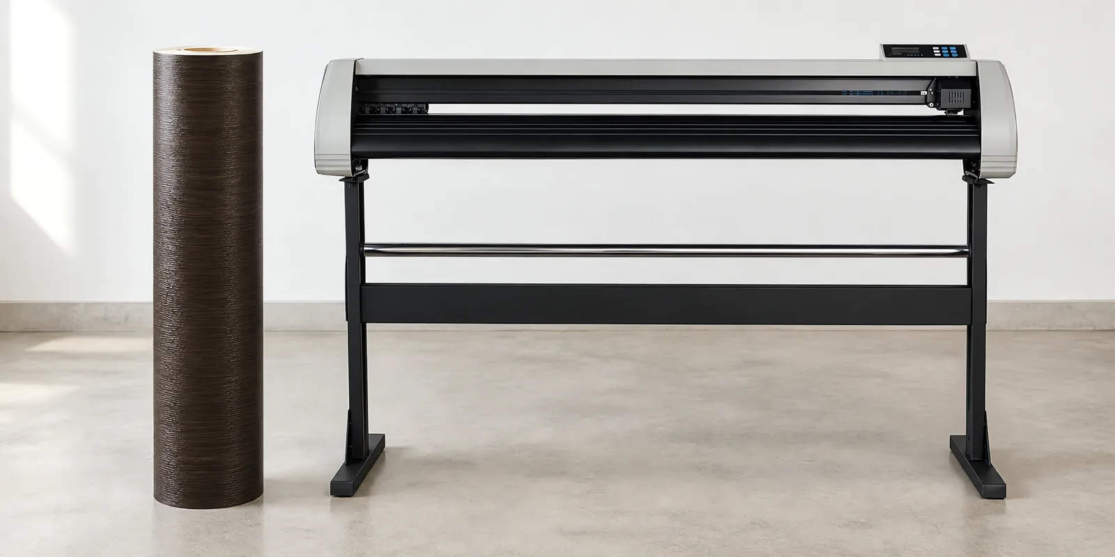 Rollo de vinilo madera wengue, parado junto al plóter de corte