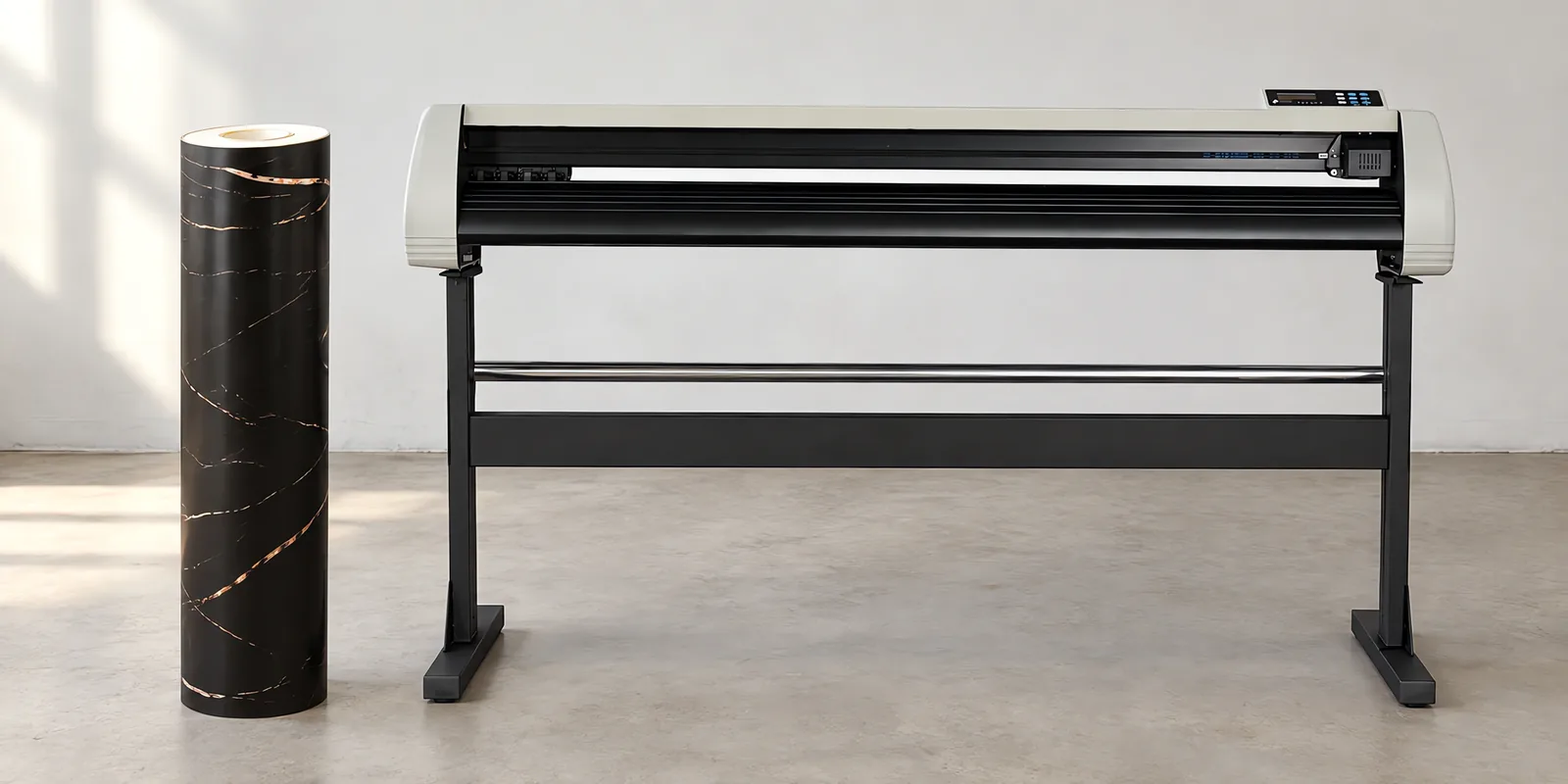 Rollo de vinilo marmol black mirage, parado junto al plóter de corte
