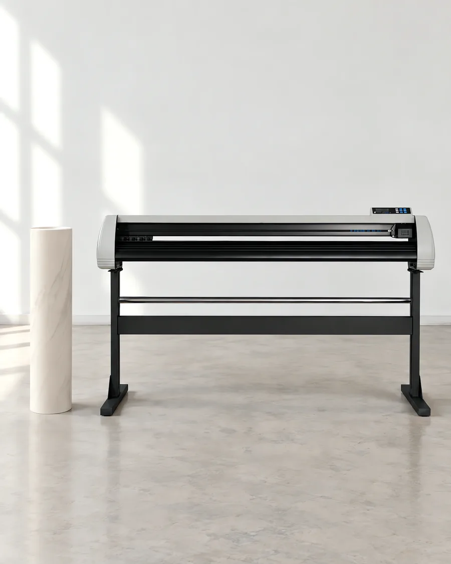Rollo de vinilo marmol blanco carrara, parado junto al plóter de corte