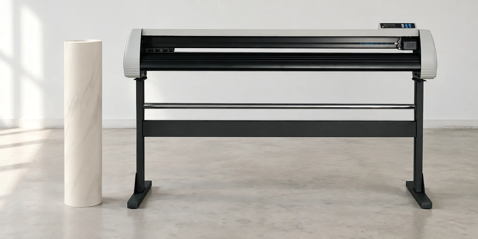 Rollo de vinilo marmol blanco carrara, parado junto al plóter de corte