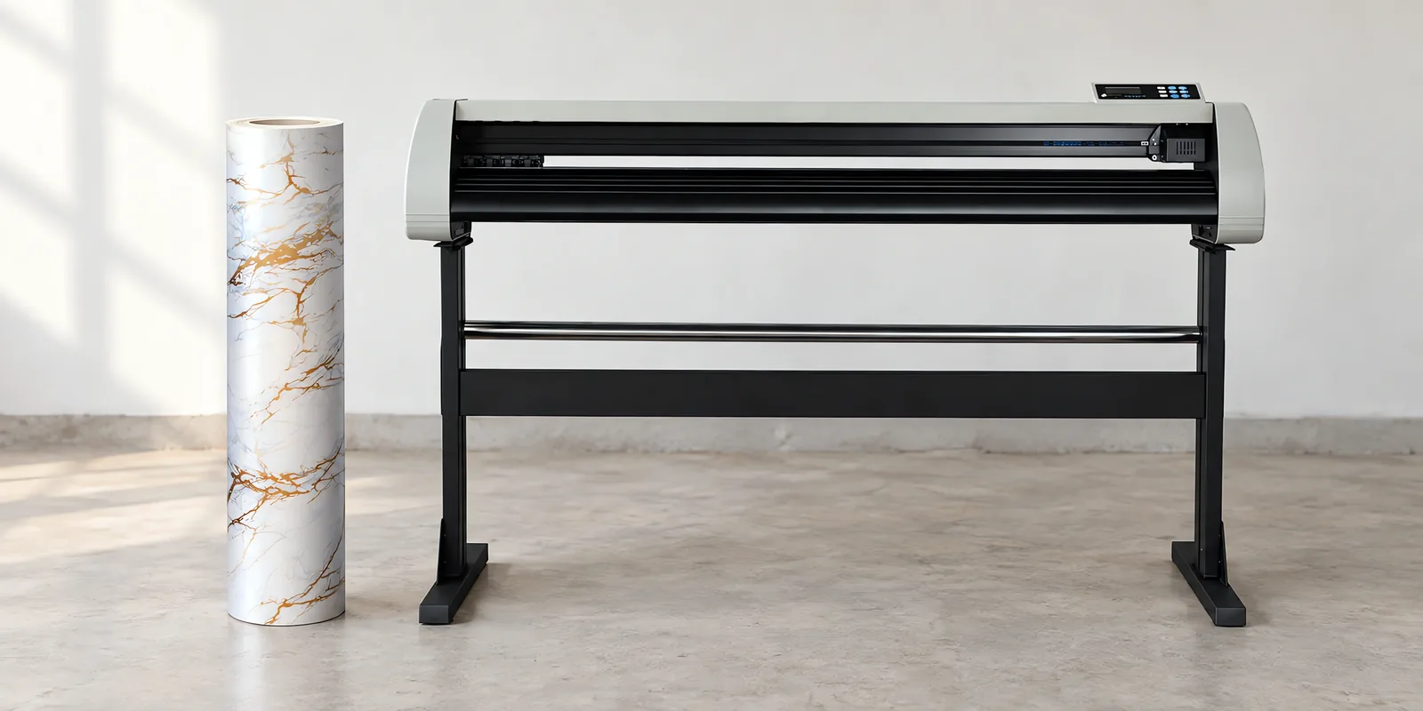 Rollo de vinilo marmol gold calacatta, parado junto al plóter de corte