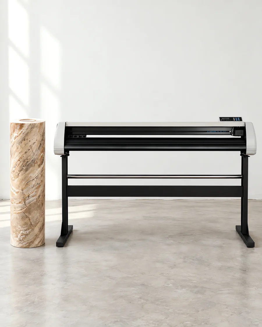 Rollo de vinilo marmol travertino, parado junto al plóter de corte