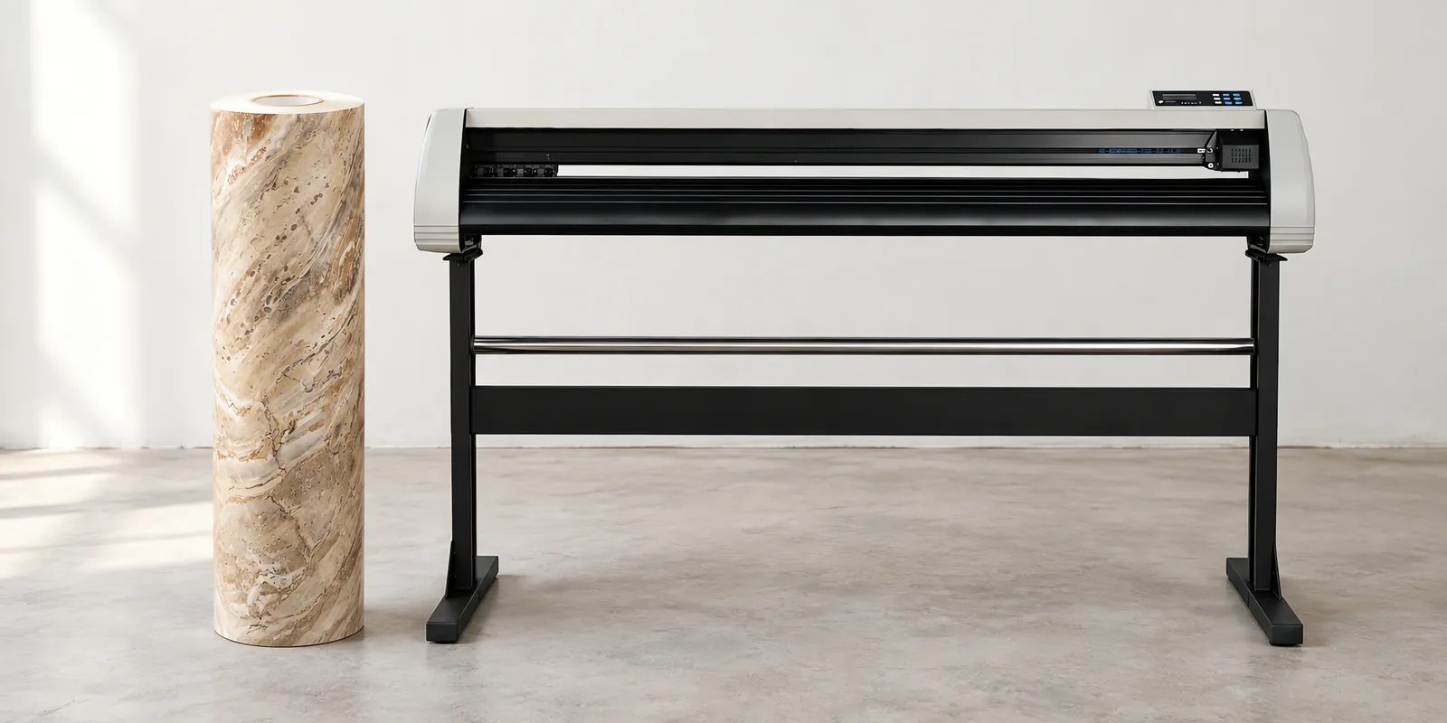 Rollo de vinilo marmol travertino, parado junto al plóter de corte