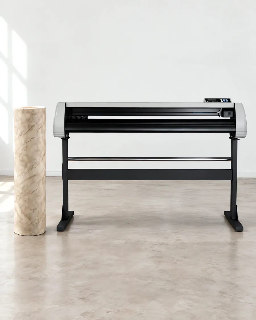 Rollo de vinilo marmol veteado, parado junto al plóter de corte