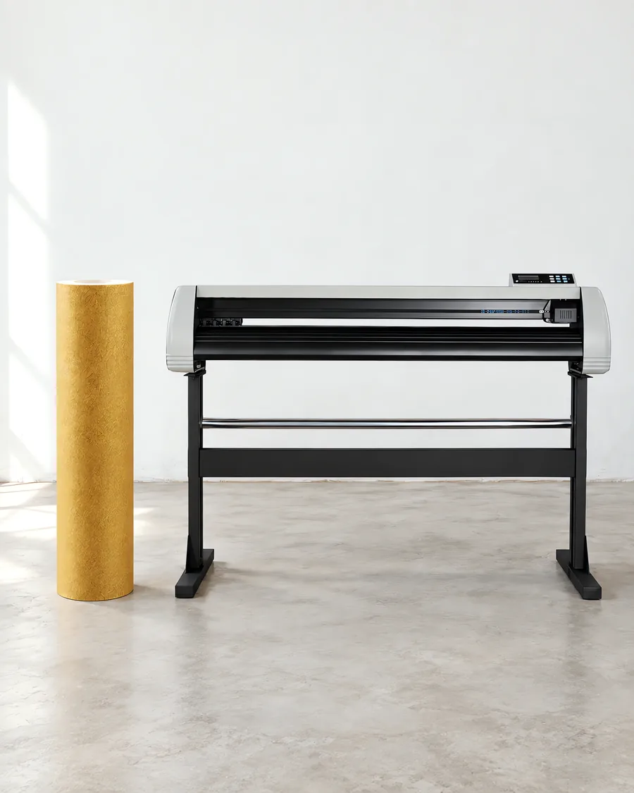 Rollo de vinilo texturado gold, parado junto al plóter de corte