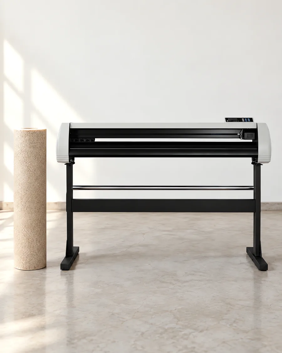 Rollo de vinilo texturado white, parado junto al plóter de corte