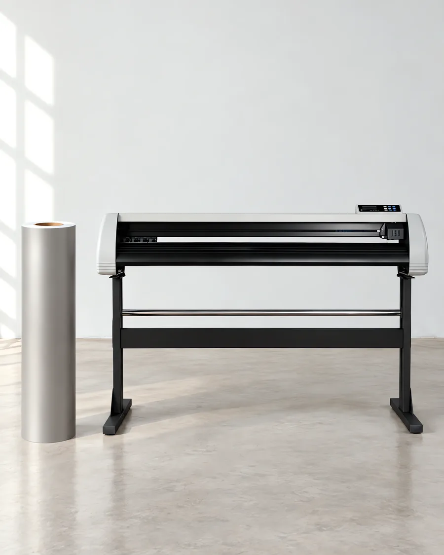 Rollo de vinilo esmerilado gris de 122 cm junto al plóter de corte