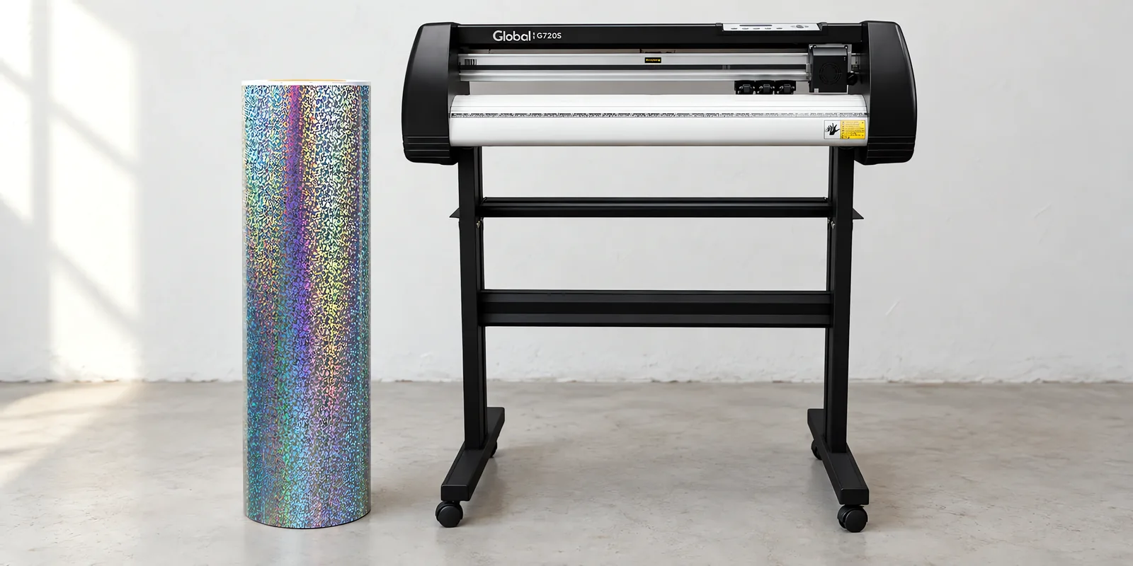 Rollo de vinilo holografico sparkle, parado junto al plóter de corte