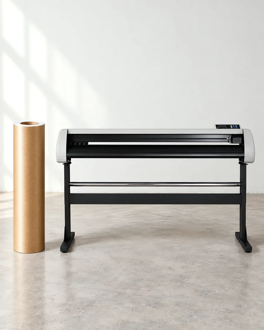 Rollo de vinilo mca dorado, parado junto al plóter de corte