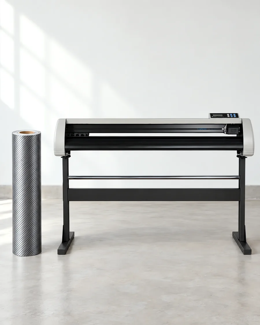 Rollo de vinilo mca gris claro, parado junto al plóter de corte