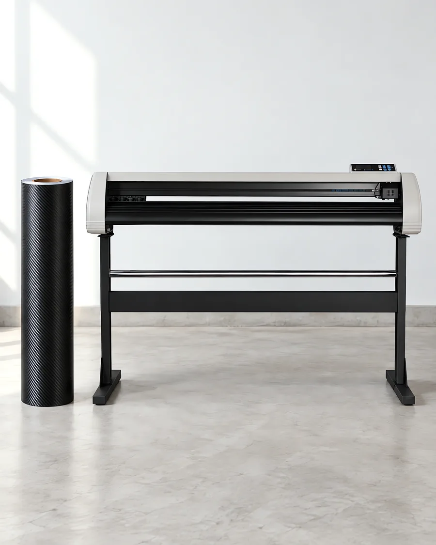 Rollo de vinilo mca negro, parado junto al plóter de corte