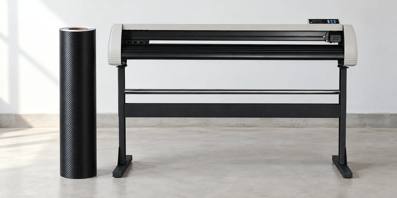 Rollo de vinilo mca negro, parado junto al plóter de corte