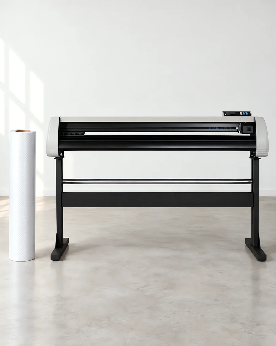 Rollo de vinilo mca perlado, parado junto al plóter de corte