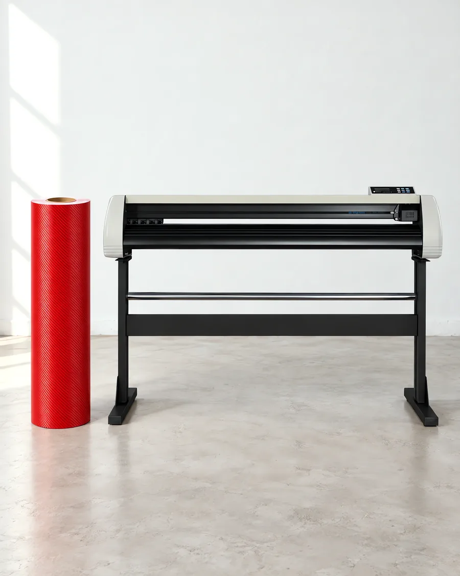 Rollo de vinilo mca rojo, parado junto al plóter de corte