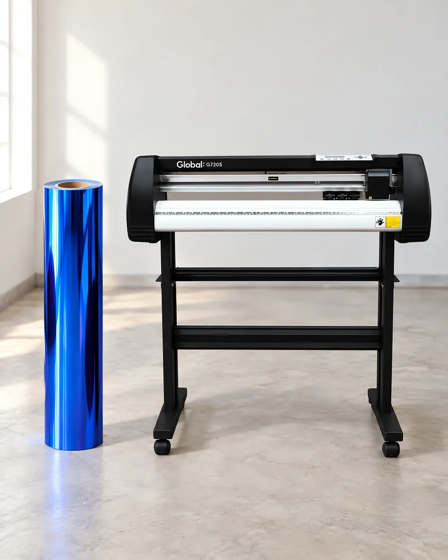 Rollo de vinilo cromo azul, parado junto al plóter de corte