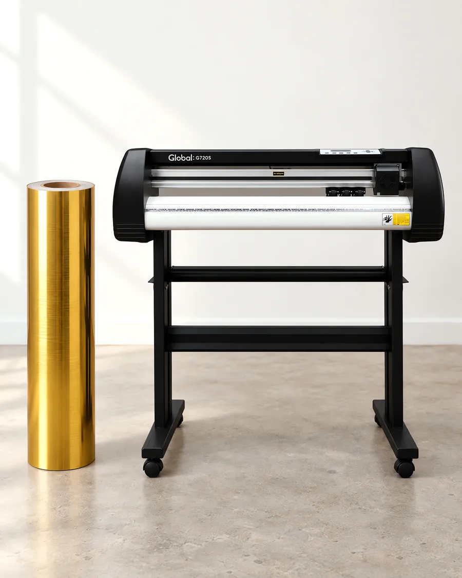 Rollo de vinilo cromo cepillado oro, parado junto al plóter de corte