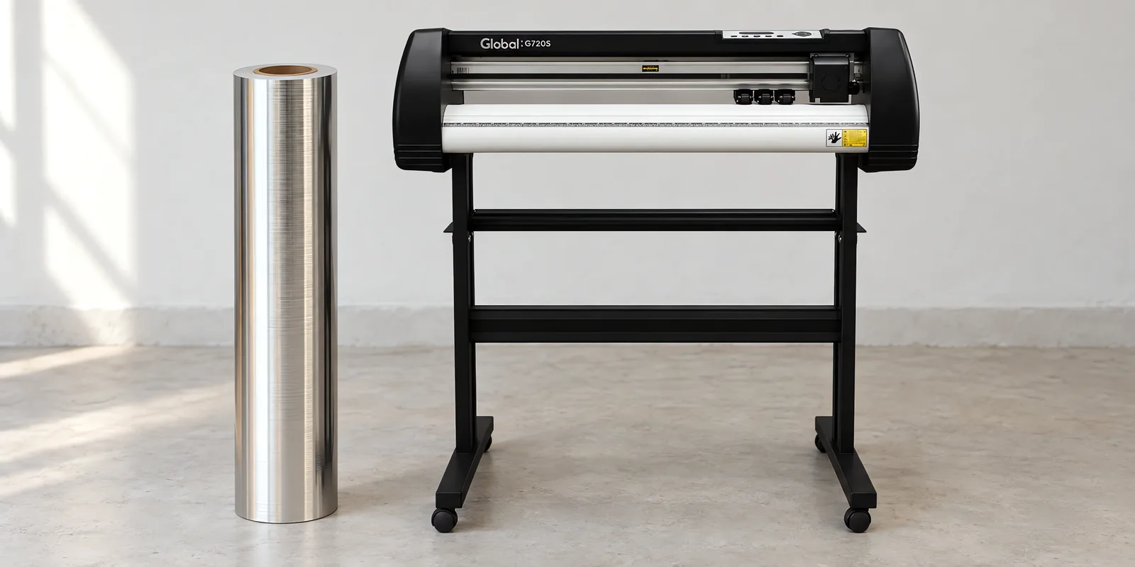 Rollo de vinilo cromo cepillado plata, parado junto al plóter de corte