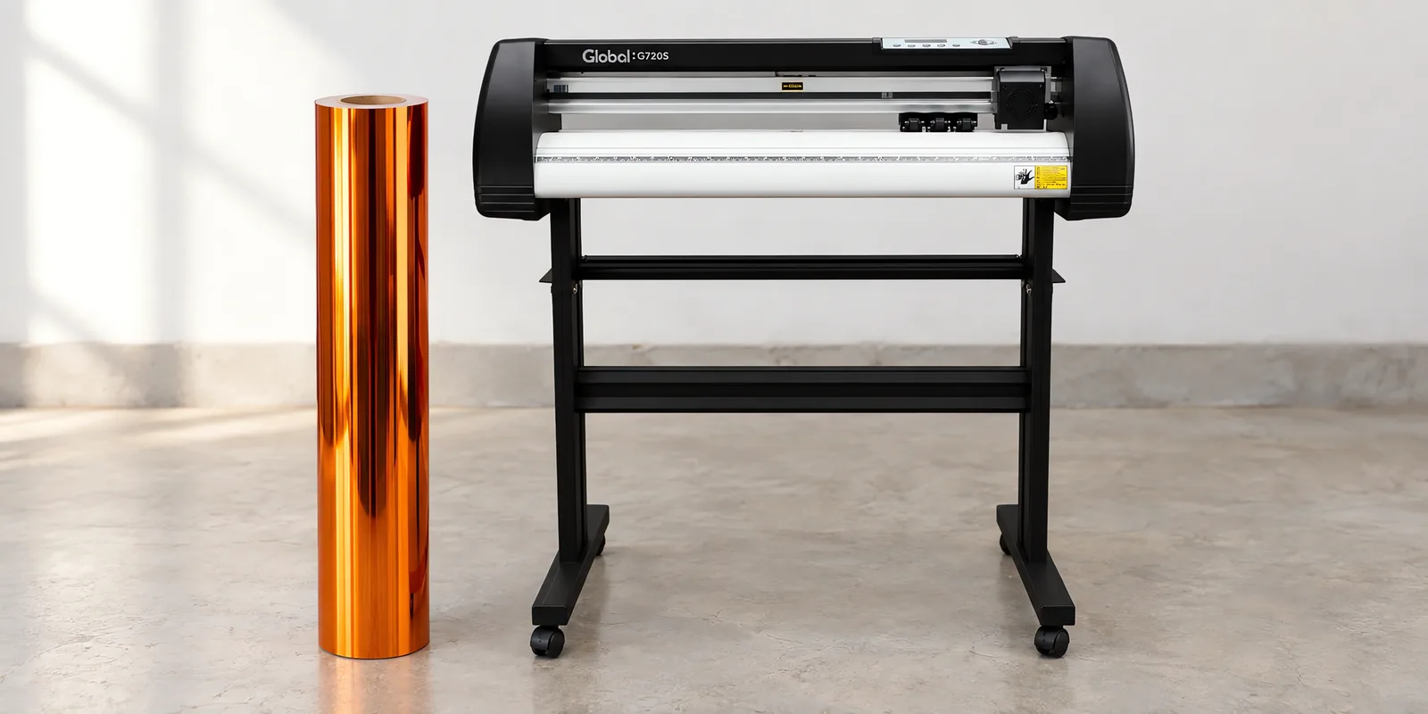 Rollo de vinilo cromo naranja, parado junto al plóter de corte