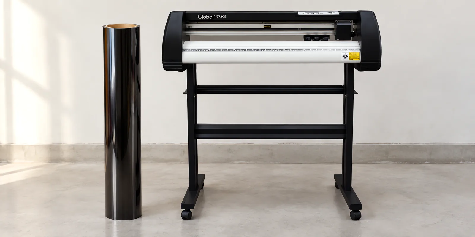 Rollo de vinilo cromo negro, parado junto al plóter de corte