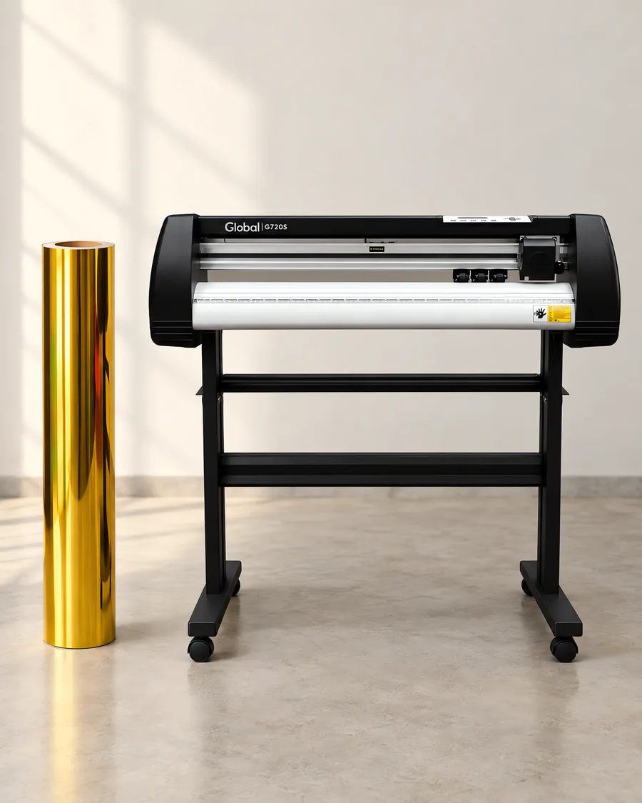 Rollo de vinilo cromo oro, parado junto al plóter de corte