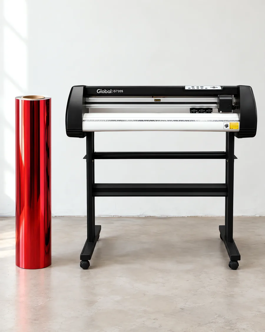 Rollo de vinilo cromo rojo, parado junto al plóter de corte