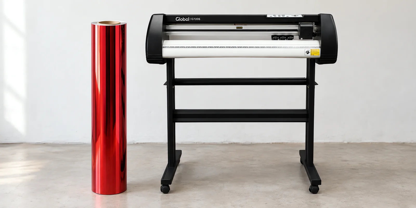 Rollo de vinilo cromo rojo, parado junto al plóter de corte
