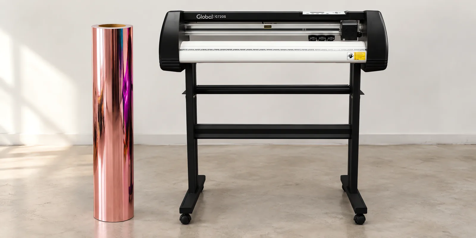 Rollo de vinilo cromo rosa, parado junto al plóter de corte