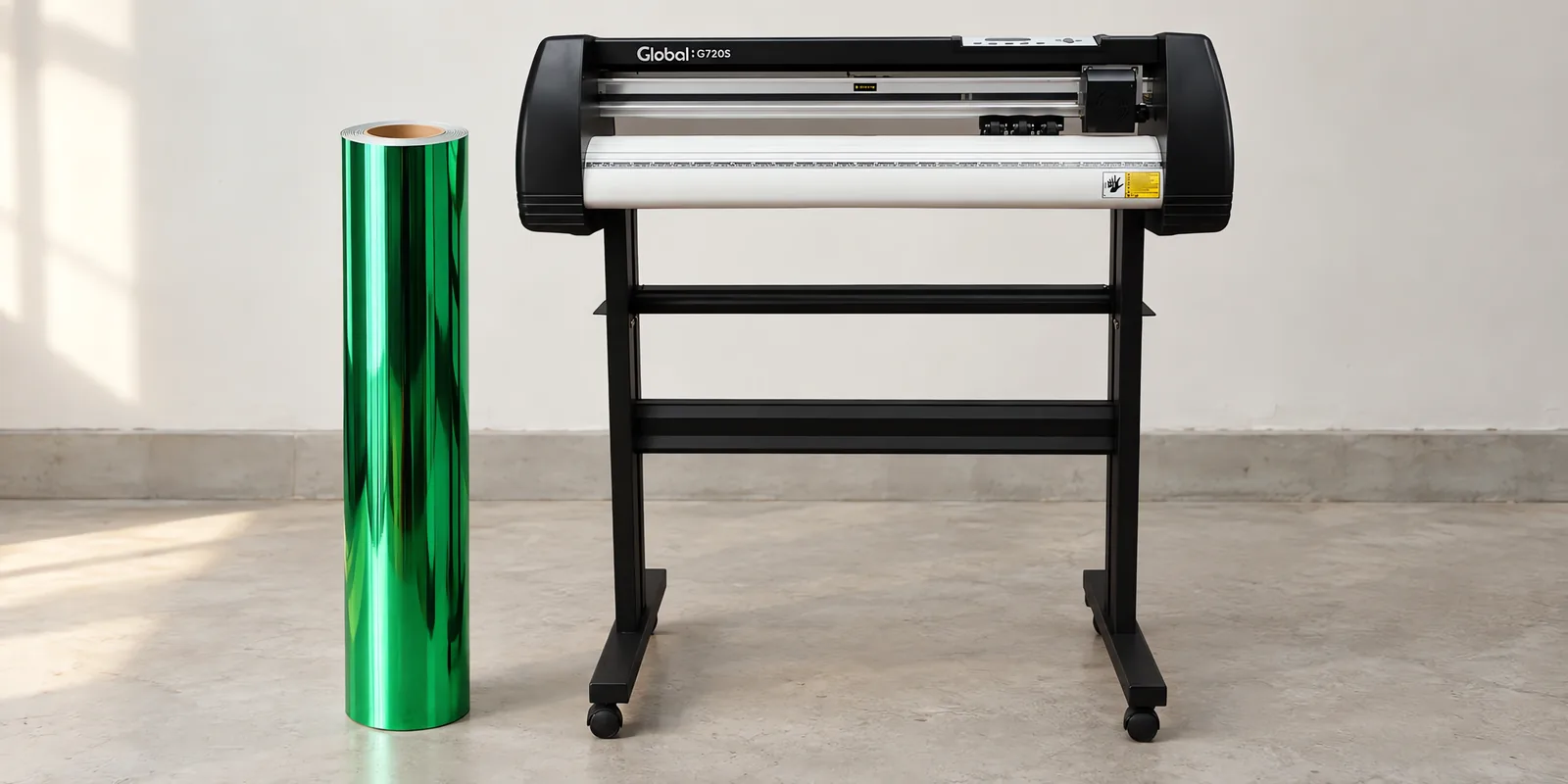 Rollo de vinilo cromo verde, parado junto al plóter de corte