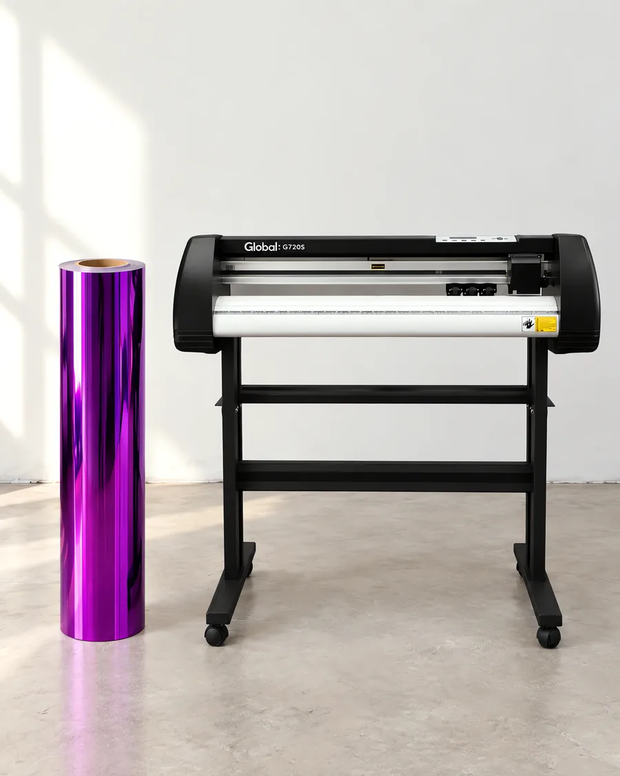 Rollo de vinilo cromo violeta oscuro, parado junto al plóter de corte