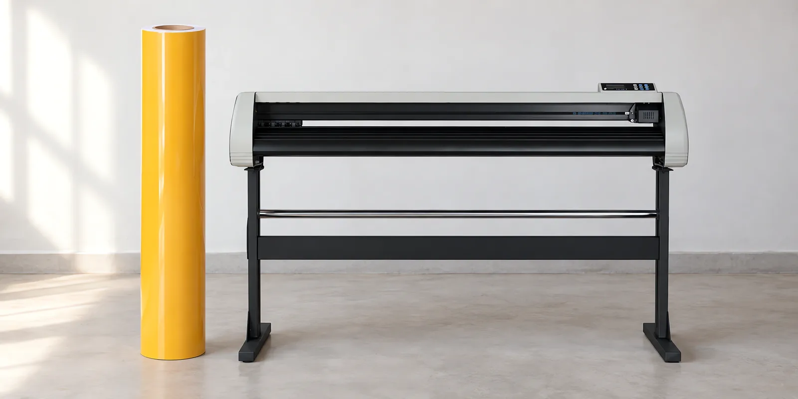 Rollo de vinilo de corte brillante, parado junto al plóter de corte