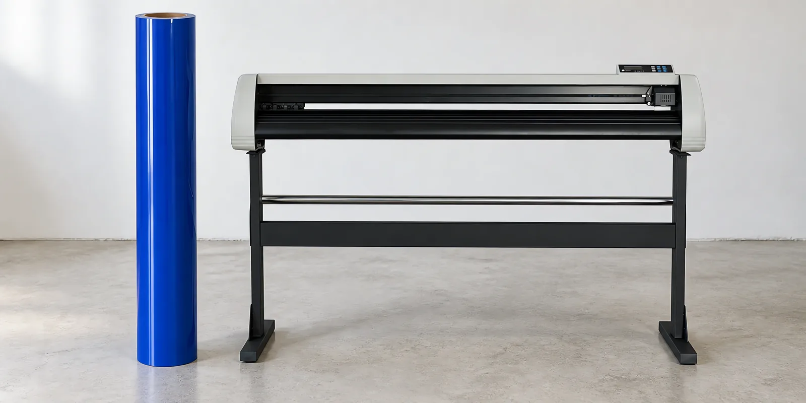 Rollo de vinilo de corte brillante, parado junto al plóter de corte