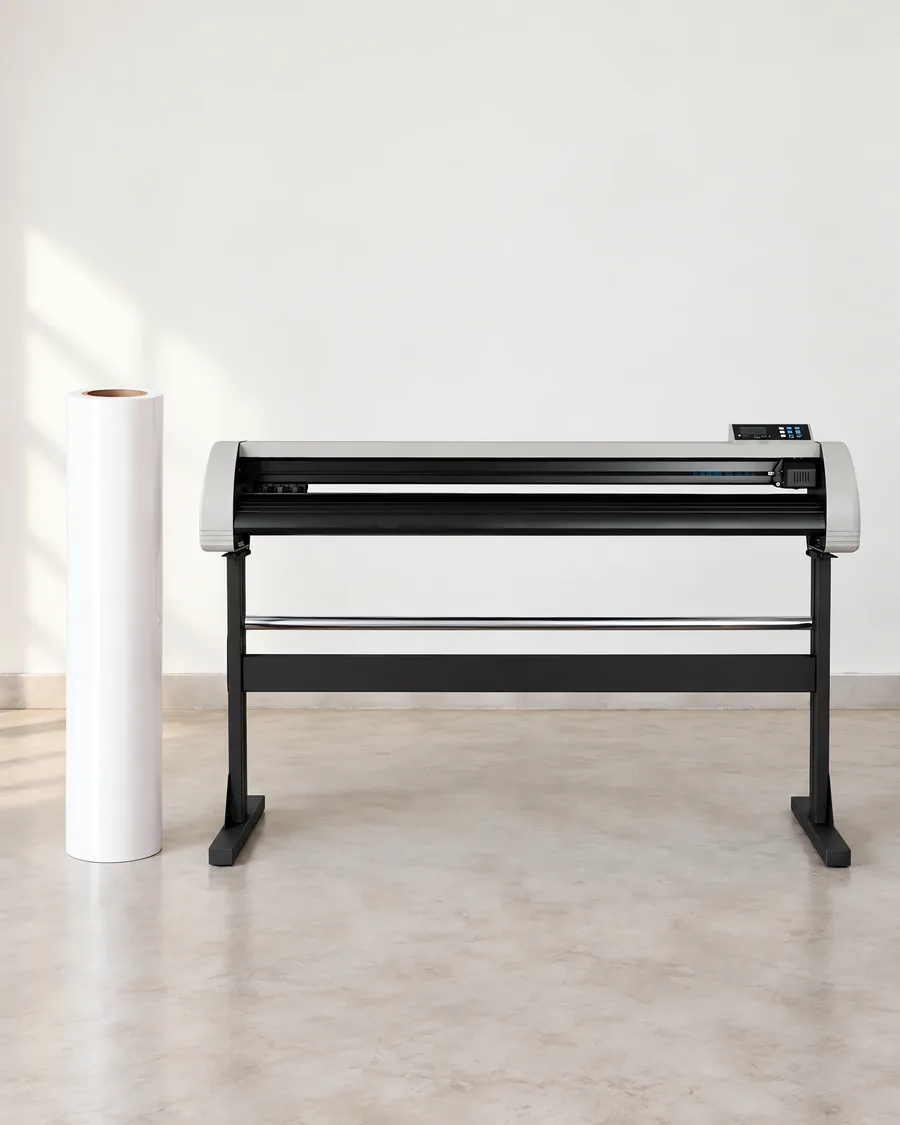 Rollo de vinilo de corte brillante, parado junto al plóter de corte