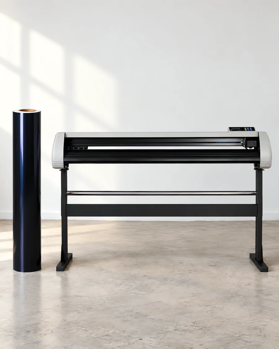 Rollo de vinilo de corte brillante, parado junto al plóter de corte