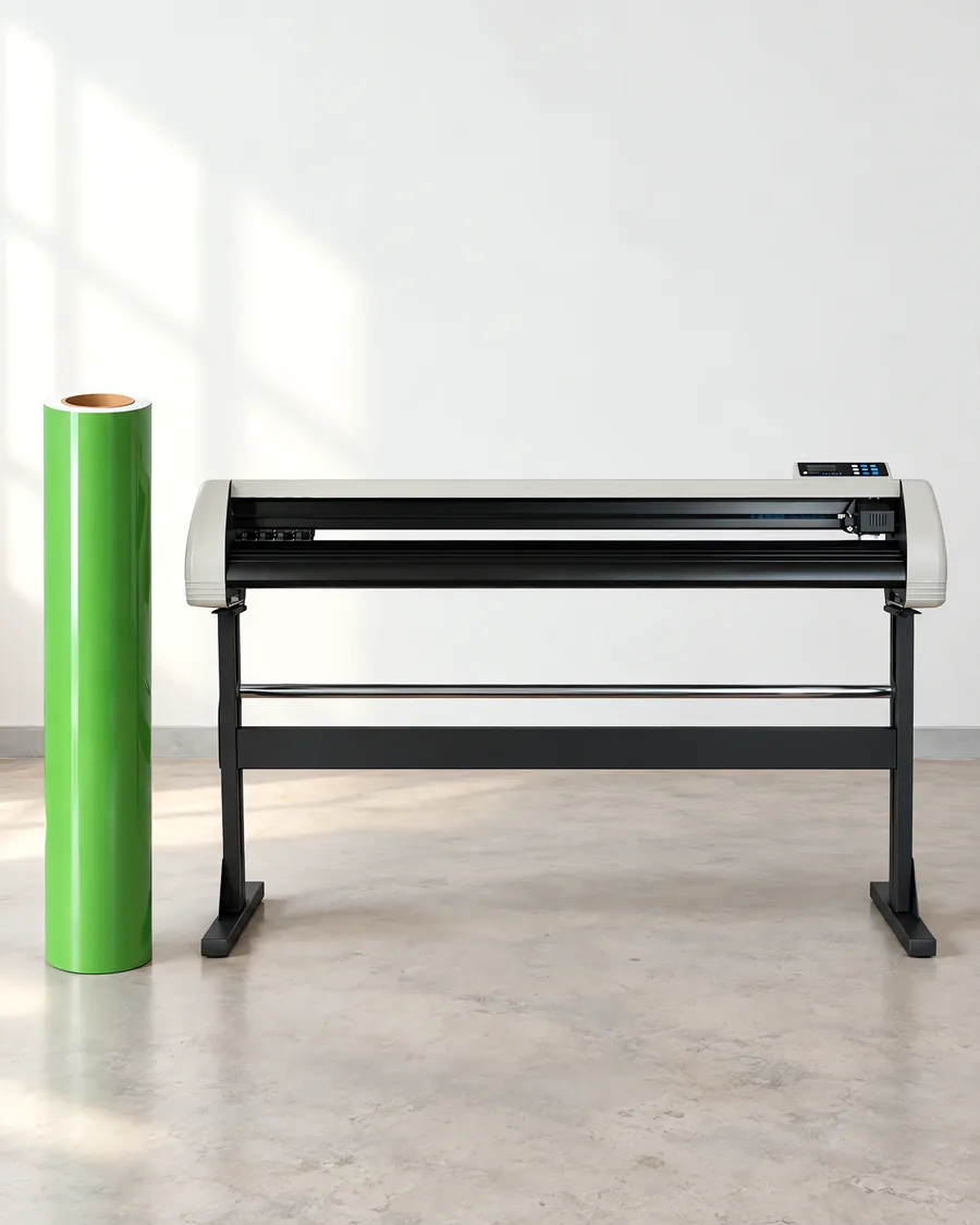 Rollo de vinilo de corte brillante, parado junto al plóter de corte