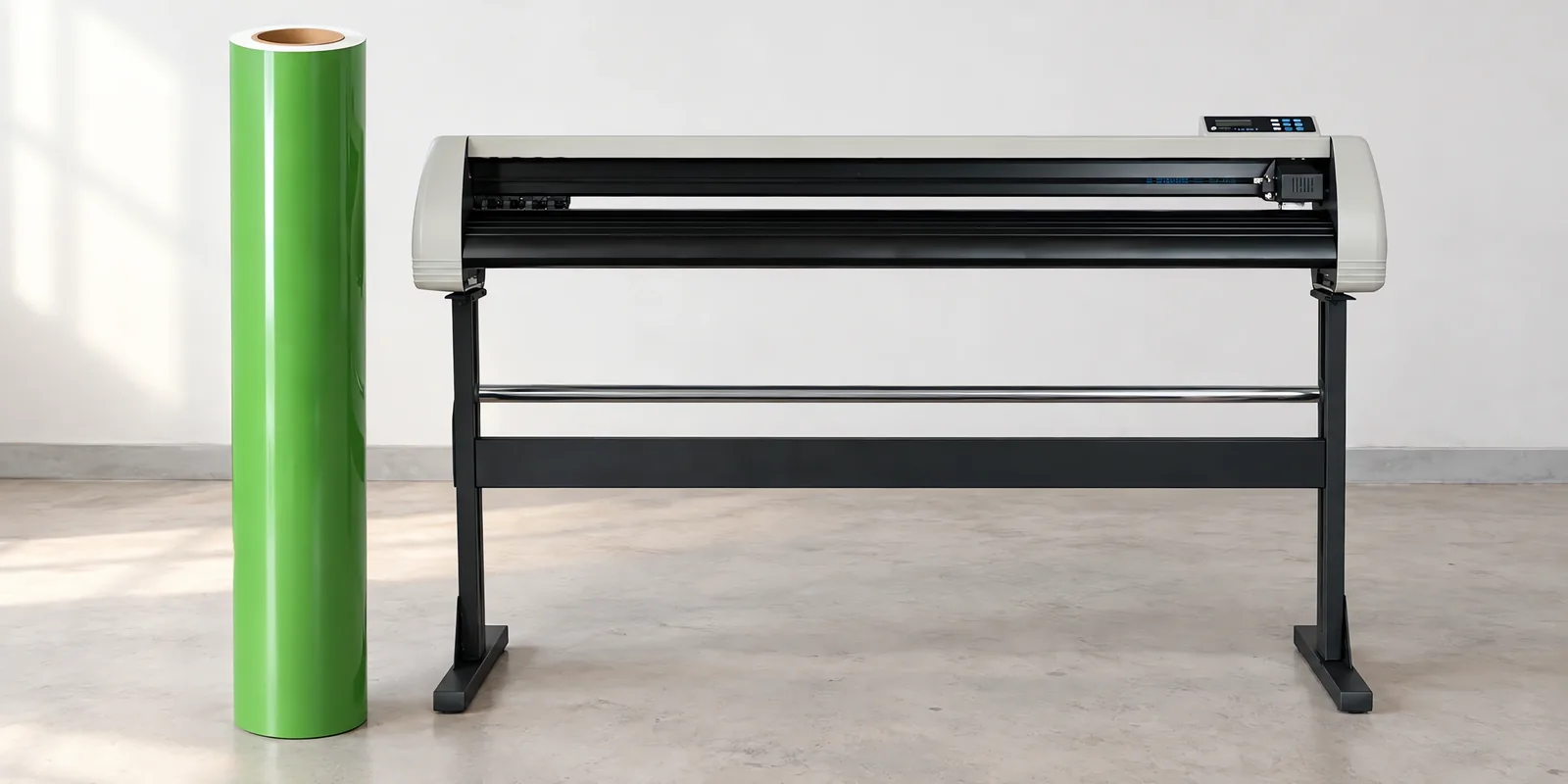Rollo de vinilo de corte brillante, parado junto al plóter de corte