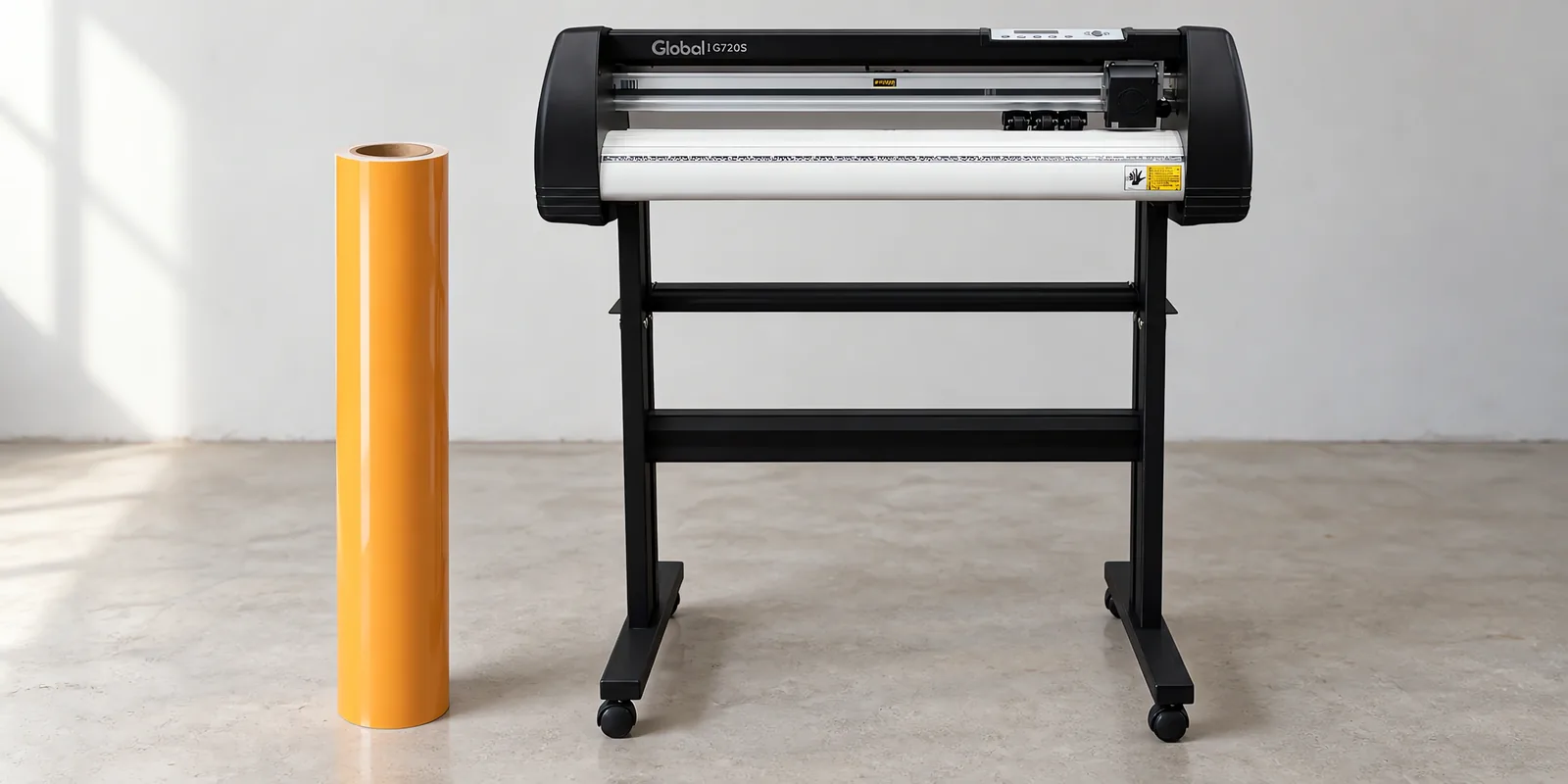 Rollo de vinilo de corte brillante, parado junto al plóter de corte